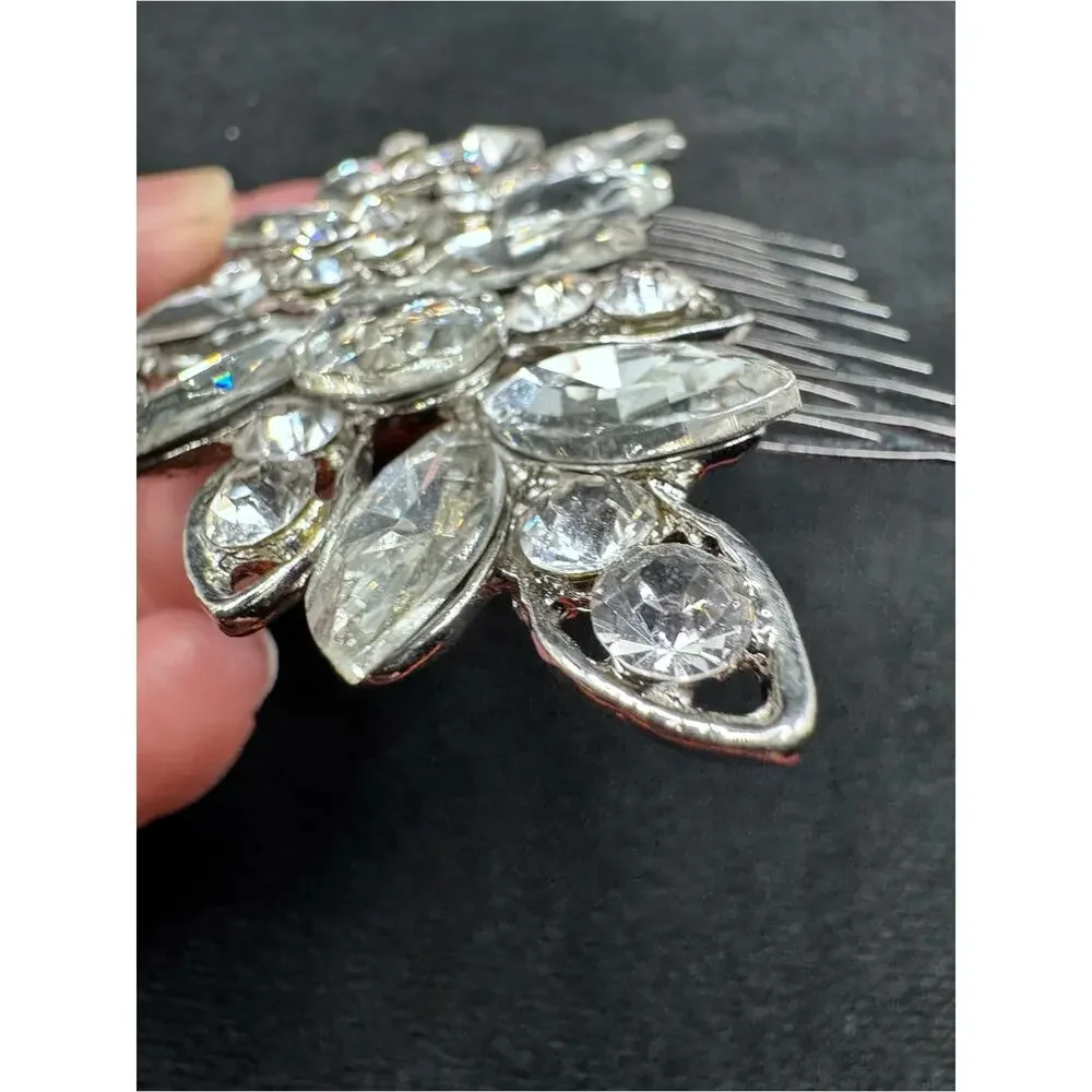 Crystal Rhinestone Bridal Prom Floral Silver Tone Elegant Hair Comb